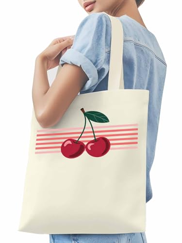 Canvas Tote Bag Red Cherry with Stripes Reusable Grocery Shopping Bag,Shoulder Tote Bags for Women Vacation Travel Work Gym3
