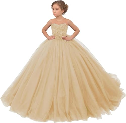 Girls Flower Girl Dresses for Wedding Lace Applique Princess Pageant Gown Tulle Long First Communion Dress for Kids