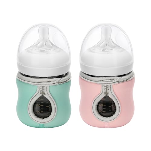 Image of Beautyflier 4oz Glass Baby Bottle Sleeve Covers - Reusable Insulator for Heat/Cold Retention, Moisture Neoprene Holder for Philips 4 oz Avent Glass Natural Bottles (Pink+Green)