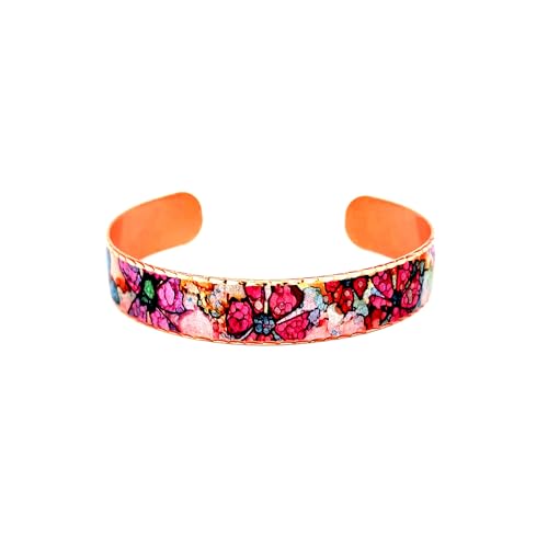 Bracelet Fleur Rose par FRONT LINE JEWELRY – Bijou Fait Main en Encre à Alcool, Manchette Cuivre Réglable, Bracelet Art Floral Rose et Violet pour Femme