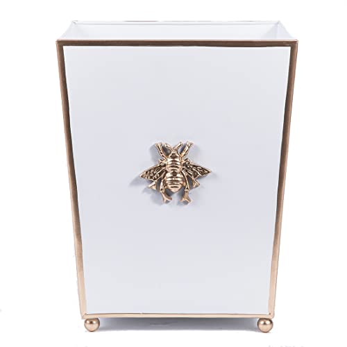 Jaye's Studio White Bathroom Trash Can, Square Metal Waste Basket, Gold Bee