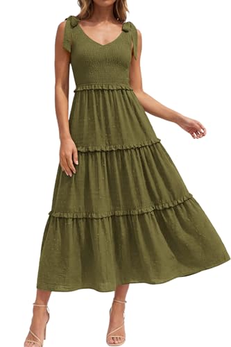 Okiwam Womens Summer Dresses 2026 Sleeveless Tie Strap Maxi Long Flowy Beach Sundresses Boho Swiss Dot Spring Wedding Guest Dress-L Army Green
