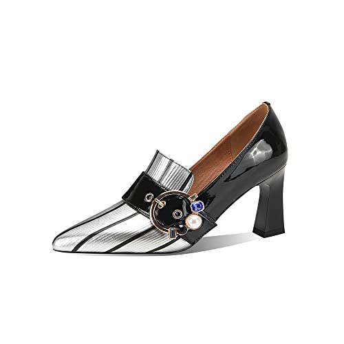 TinaCus Women's Pointed Toe Glossy Genuine/Patent Leather Handmade Buckle Stylish Pumps Shoes with Mid Heels