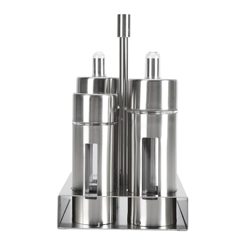 Juego de saleros, recipientes de condimentos de acero inoxidable, agitadores de condimentos con ventana de visualización y base para cocina, restaurante y hogar (4 Head)