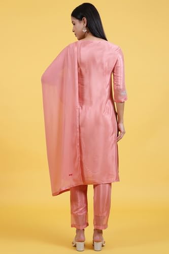 Image of W for Woman Pink Printed Shantung Straight Kurta, Pants and Dupatta Set