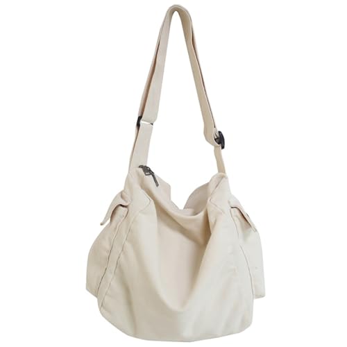 Sac messager en toile blanc grand volume à plusieurs poches avec bandoulière réglable confortable