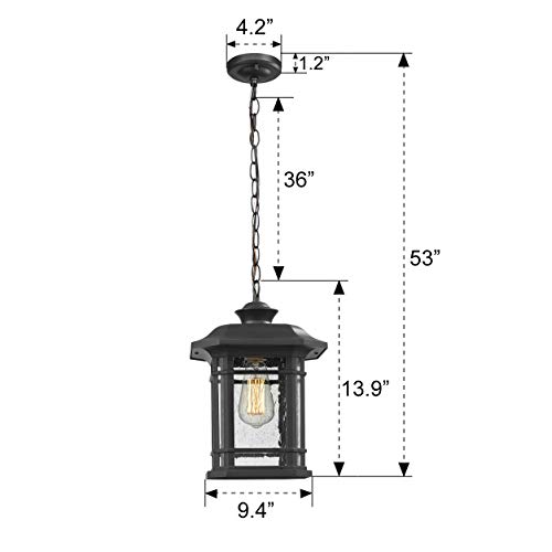 Emliviar Modern Exterior Pendant Light Lantern, 14" Outdoor Hanging Light In Black Finish With Seeded Glass, A2202110D1 #TOP6