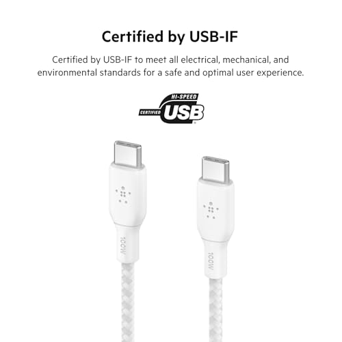 Belkin USB C to USB C Cable, 6.6ft, 100W - Type C Charger, iPhone Charger Cord, Soft, Braided, Flexible for iPhone 17, Galaxy S25, Pixel 10, Airpods, iPad Pro, Tablet & More, Travel Essentials - White by Belkin - Image 6