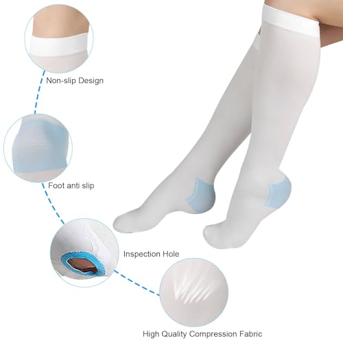 Image of TED Hose Compression Stockings for Women & Men,Anti Embolism Knee-High | Thigh High Compression Socks with Inspection Hole,15-20mmHg Medical Compression Hose,Unisex White