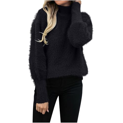 Women's Fuzzy Sweaters High Neck Fluffy Pullover Tops Soft