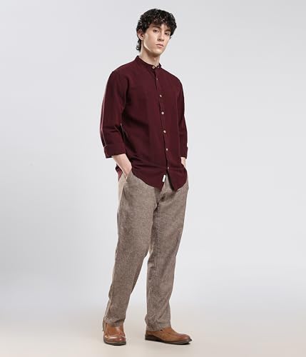 Image of TURMS Men's Casual Solid Linen Shirt | Water Repellent | Anti Stain Anti Odor | Kansas Linen | Mandarin Collar | Full Sleeves