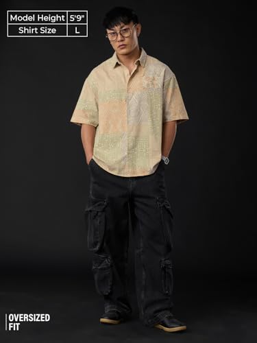 Image of The Souled Store Avatar: Everything's Connected Men and Boys Short Sleeves Collared Neck Button Front Beige Graphic Printed Cotton Oversized Shirts