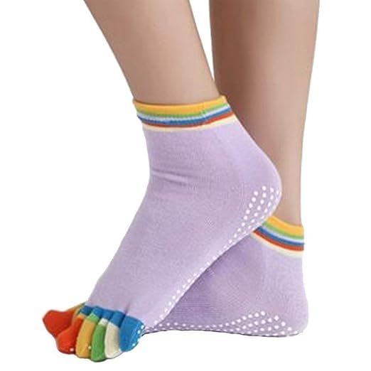 Muej Women's Anti-Slip Five Toe Yoga Socks, Cotton Fitness Exercise Grip Socks for Pilates and Gym, Rainbow Multi Color, 1 Pair-image-49