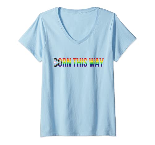 Femme Born this way LGBTQIA+ Progress Pride Flag Stripes LGBTQIA+ T-Shirt avec Col en V