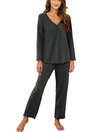 VOOMALL Pyjama-Set für Damen, langärmelig, Nachtwäsche, V-Ausschnitt, Pyjama-Top mit langer Schlafhose, weiche Loungewear, S-XXL, Dunkel_Grau, XL Cover