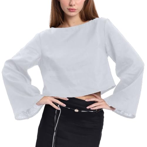 Amazhiyu Women's 100% Linen Long Sleeve Crop Top High Boat Neck Casual Blouse