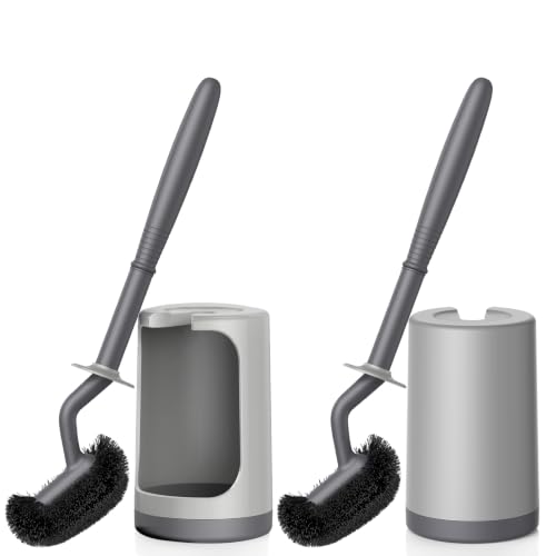 Image of HAMITOR Toilet Bowl Brush Holder Set: Curved Design with Holder for Deep Cleaning Under Rim - Compact Hidden Cleaner Scrubber for Small Space - Home RV Bathroom Accessories - Gray 2 Pack