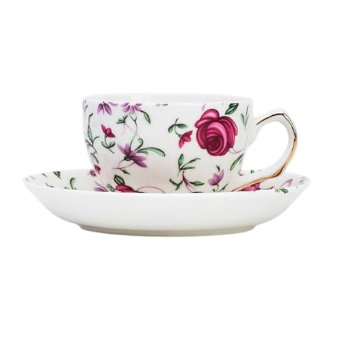 Image of GOLDEN QUEEN'S Cup & Saucer Set | Perfect for Hosting & for Tea /Coffee Lovers | Handcrafted in India, Inspired by Florals & 24-Carat Gold Rim | 6 Cups & 6 Saucers |170 ml (Button Rose)