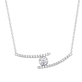 925 Sterling Silver Moissanite Necklace - Elegant Modern Curved Bar Design with Crystal Pendant - Gift for Women