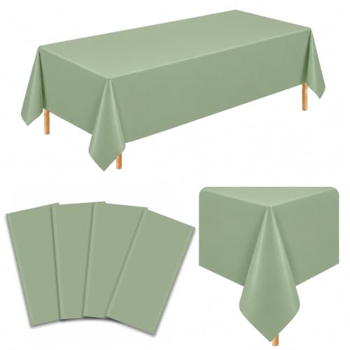 Image of 4 Pack Sage Green Plastic Tablecloths, 54 x 108 Inch Disposable Covers | Ideal for Weddings, Baby Showers, Bridal Showers and Birthdays, Helping Protect Tabletops from Spills and Simplify Cleanup