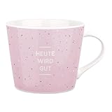 Grafik-Werkstatt Kaffee-Tasse mit 100% Echtgold | Porzellan Tasse | 420 ml | Heute wird gut, Weiß-schwarz