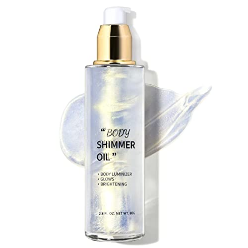 Newbang Shimmer Body Oil Glow Luminizer Liquid Face Highlighter Brighten Waterproof Longlasting Moisturizing Glitter Shimmering Non-Sticky Illuminator Sliver Shine Makeup(2.8Fl Oz#Moonlight White) #TOP30