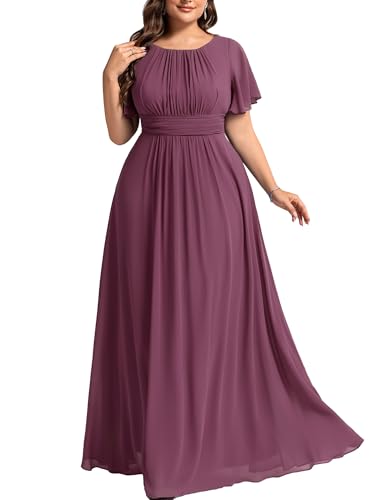 Image of Ever-Pretty Plus Elegant Formal Dresses for Curvy Women Round Neck Short Sleeves Chiffon Bridesmaid Mother of The Bride Dress