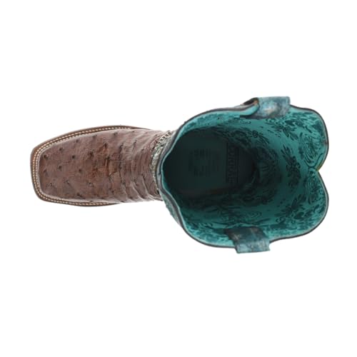 CORRAL LADIE'S BROWN/TURQUOISE OSTRICH OVERLAY & EMBROIDERY & STUDS & WOVEN SQ. TOE, LEATHER WITH RUBBER INSERT SOLE, WESTERN A40594