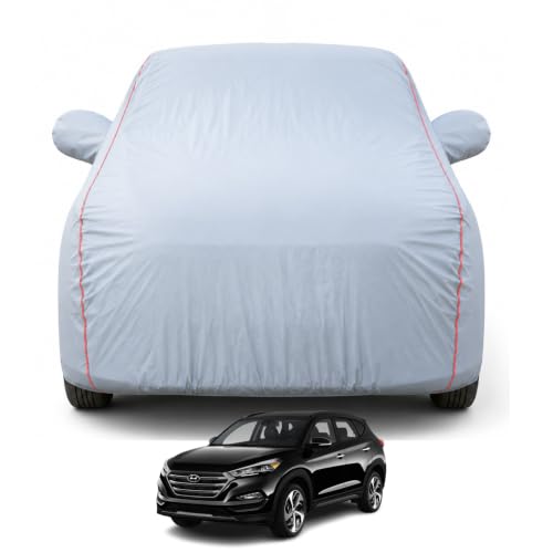 Image of Premium Car Cover for Hyundai's Tucson 2016-2021 Models | Waterproof, UV & Dust Protection | Mirror & Antenna Pocket | Triple Stitched, Soft Inner Lining, Belt & Buckle (Dark Grey)