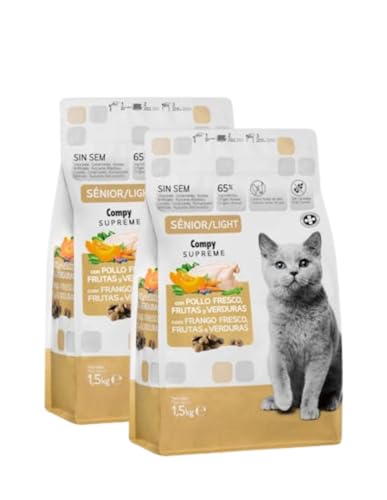 Alimento para Gatos +7 años, con Pollo Fresco, Frutas y Verduras, Pack 2x1,5 kg - Compy Supreme Sénior/Light,