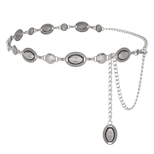 LEACOOLKEY Western Metal Chain Belt for Women Boho Decorated Waist Belt for Dresses Jeans Pants, Silver