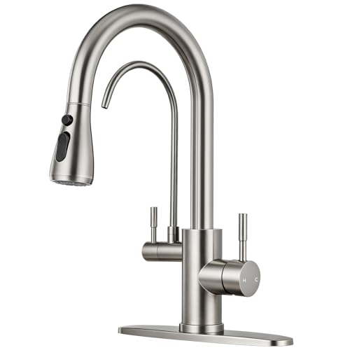 LUFG Kitchen Faucets with Water Filter - Brushed Nickel 2 in 1 2-Handle Kitchen Faucet with Pull Down Sprayer, High Arc Stainless Steel Pull Out Kitchen Sink Faucet with Deck for 1 or 3 Hole