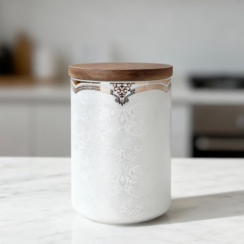 CHANNICORNER White and Gold Ceramic Kitchen Canister – White Relief Airtight Jar with Gold Lace Trim for for Coffee, Sugar, Tea, Snacks, Flour, Farmhouse Countertop Storage