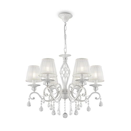 Image of Classic Elegant Crystal Chandelier Lamp with Chain Transparent White Fabric Shades Cream / White Metal Frame with Crystal Pendants excl. 6 Bulbs x E14 40W