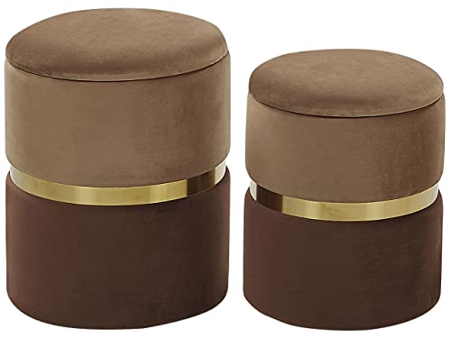 Beliani Conjunto de 2 pufs con Almacenamiento tapizados en Terciopelo de poliéster marrón Claro y Oscuro reposapiés diseño Retro Wichita