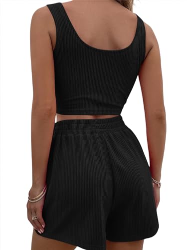 Edhomenn Women's Solid Color Vest Pants Sets Ribbed Square Neck Crop Tank Tops and Loose Shorts (Black, XL) - Image 3