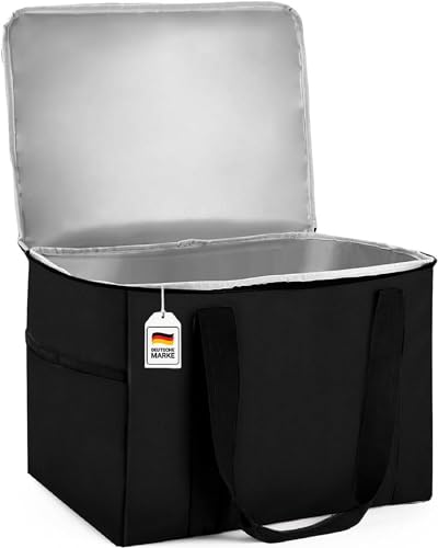 Marple Tex® Premium Einkaufstasche Kühltasche faltbar 37L Hält 20kg Thermotasche groß mit verstärktem Boden, Isoliertasche, Einkaufskorb, Liefertasche, Picknicktasche (Schwarz, 40 x 30 x 30 cm)