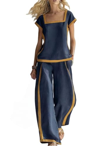 Conjuntos de lino para mujer de 2 piezas con pantalones de pierna ancha para verano