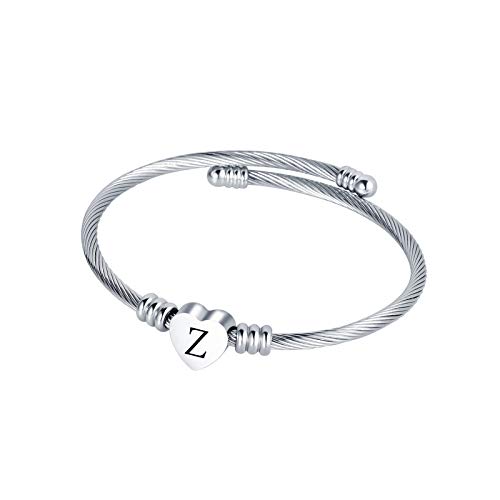 LuxglitterLin Initial Z Letter Charm Bracelet Heart Love Alphabet Name Silver Plated Cuff Bangle Bracelets