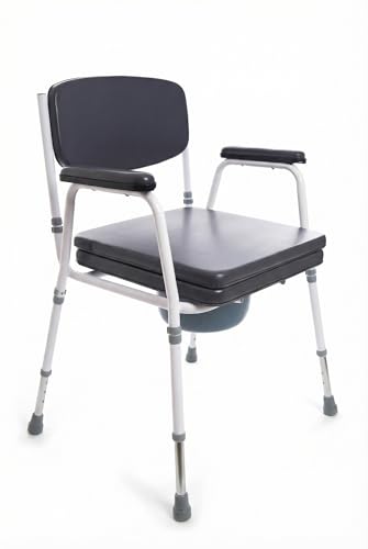 Comfort Commode Chair with Padded Seat, Arms & Backrest, Height Adjustable, Flat-Pack Design, Toilet Potty Bedroom Chair, Grey & White