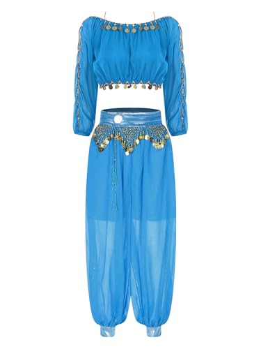 Costume de carnaval bleu clair haut et pantalon de danse du ventre taille unique pour femme