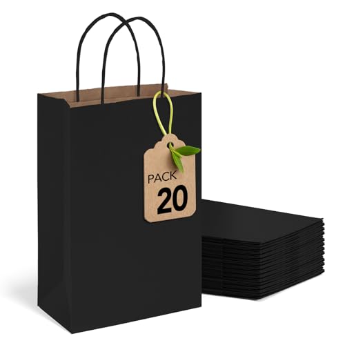 MESHA Black Paper Gift Bags 5.25x3.75x8 Inch 20pcs Small Paper Kraft with Handles Bulk Grocery Shopping Wedding Party Favor Bag