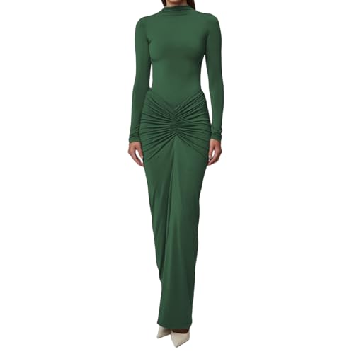 Image of Women's Sexy Turtleneck Long Sleeve Maxi Dress Elegant Ruched Bodycon Long Dress Casual Party Dresses