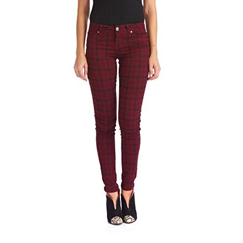 Suko jeans Women’s Mid Rise Plaid Skinny Power Stretch Denim Jean -Tartan Pants
