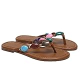 Oakmoo Women Jewelled Thong Strap Open Round Toe Flip Flops Comfy Slip on Flats Sandals Casual Summer Beach Slippers Boho Beaded Stone Vacation Party Shoes