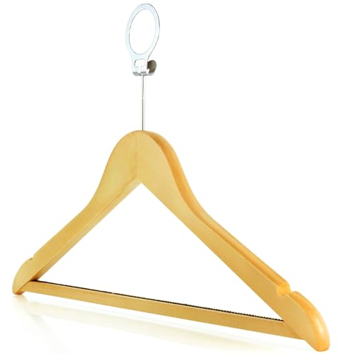 HANGERWORLD Natural Wooden Hotel Style Security Clothes Hangers - 10 Pack, Metal Anti Theft Ring Lock