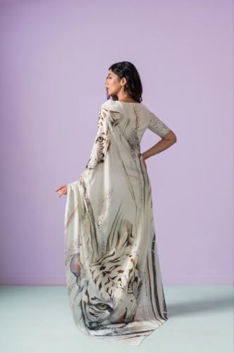 Image of Designer White Silk Crepe Saree with Digital Print Tiger Pattern, 6.30 Meter Length, With Blouse Piece