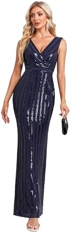 Sleeveless Sequin Stripes Mermaid Dress for Women V Neck Long For...