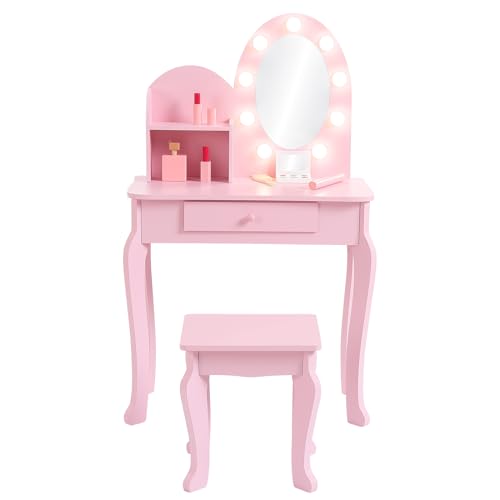 Kids Princess Vanity Set, Little Girl Pretend Play Make Up Vanity Table and Stool with Lighted Mirror, Makeup Playset, Storage Drawer, Pink Makeup Dressing Desk for Girls