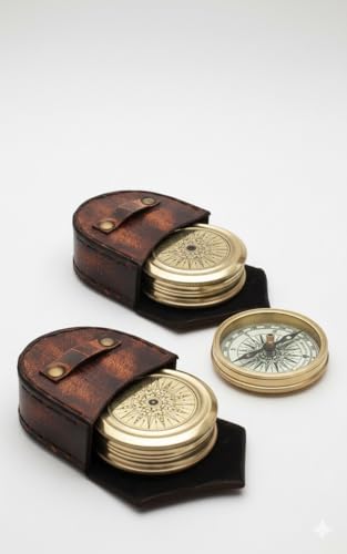 Brújula de bolsillo vintage de latón con funda de cuero miniatura 1